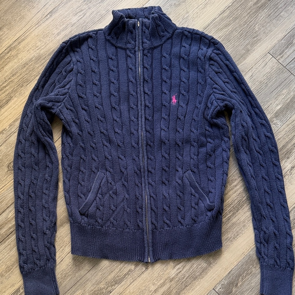 Ralph Lauren Navy Cable-Knit Zip Cardigan with Pink Pony